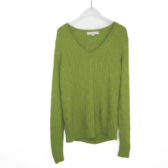 Ann Taylor LOFT Sheen Green V-Neck Cable Knit Sweater Medium - Picture 1 of 6